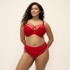 BRIANNA_HAUTE-RED_UW-PLUNGE-BRA_EL8080_THONG_EL8085_F_TRADE_3000_SS27 Kobieta o pełnych kształtach w czerwonym komplecie: biustonosz z fiszbinami z paseczkami na dekolcie i koronkowe figi