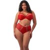 MATILDA-HAUTE_RED-UW_PLUNGE_BRA-EL8900-FULL_BRIEF-EL8906-F-TRADE-3000-AW24 Kobieta o pełnych kształtach w czerwonym komplecie: biustonosz z fiszbinami i majtki z wysokim stanem