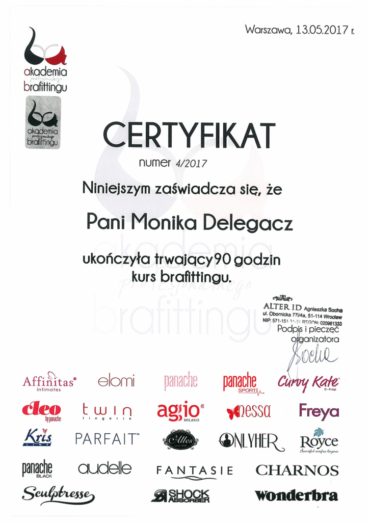 Certyfikat ukończenia 90-godzinnego kursu brafittingu w Akademii Profesjonalnego Brafittingu