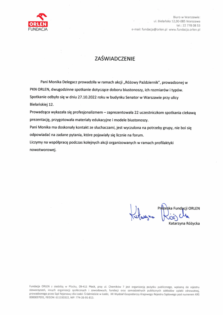 Zaświadczenie Fundacji ORLEN za spotkanie o doborze biustonoszy w ramach akcji Różowy Październik