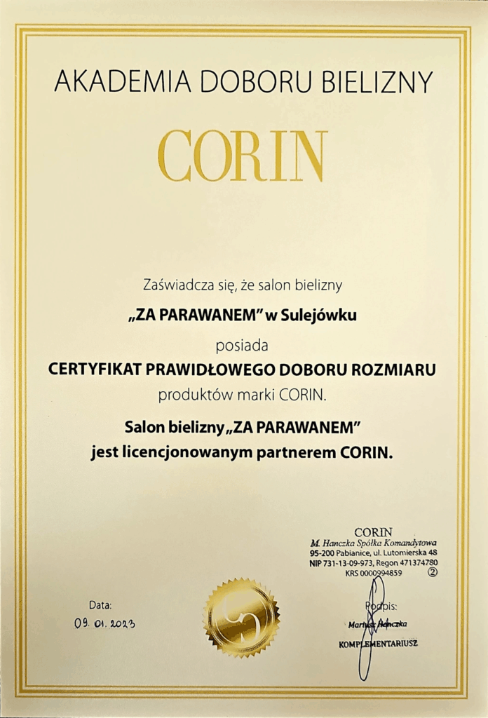 Certyfikat prawidłowego doboru rozmiaru i licencji partnera marki bielizny