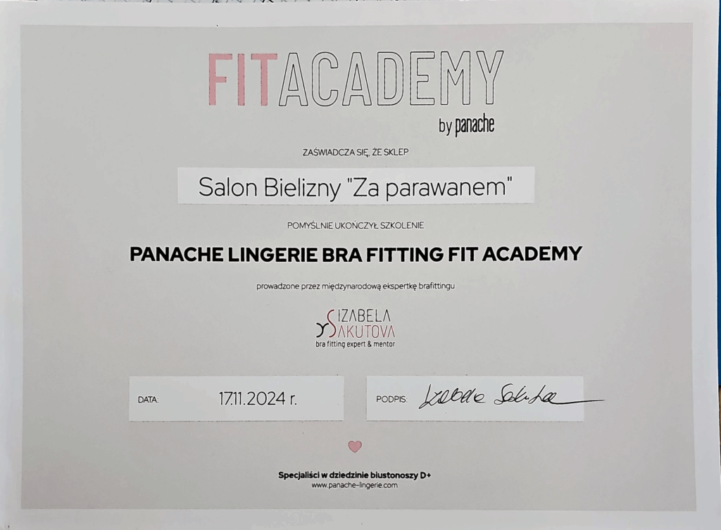 Certyfikat ukończenia szkolenia z brafittingu dla dużych miseczek