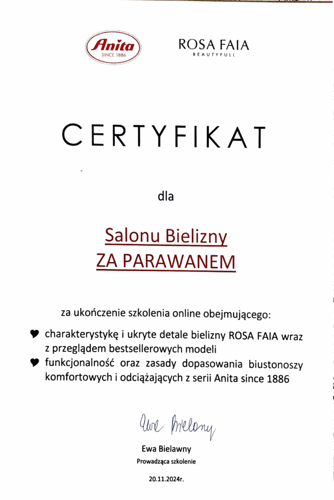 Certyfikat ukończenia szkolenia z doboru bielizny komfortowej i odciążającej