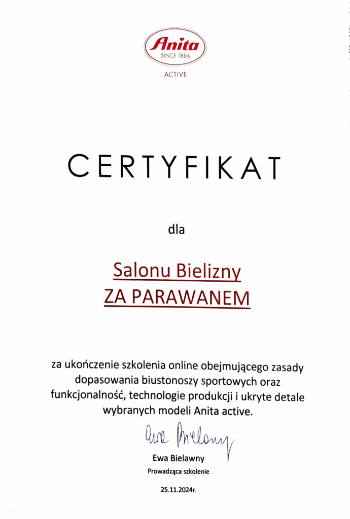 Certyfikat ukończenia szkolenia z dopasowania biustonoszy sportowych