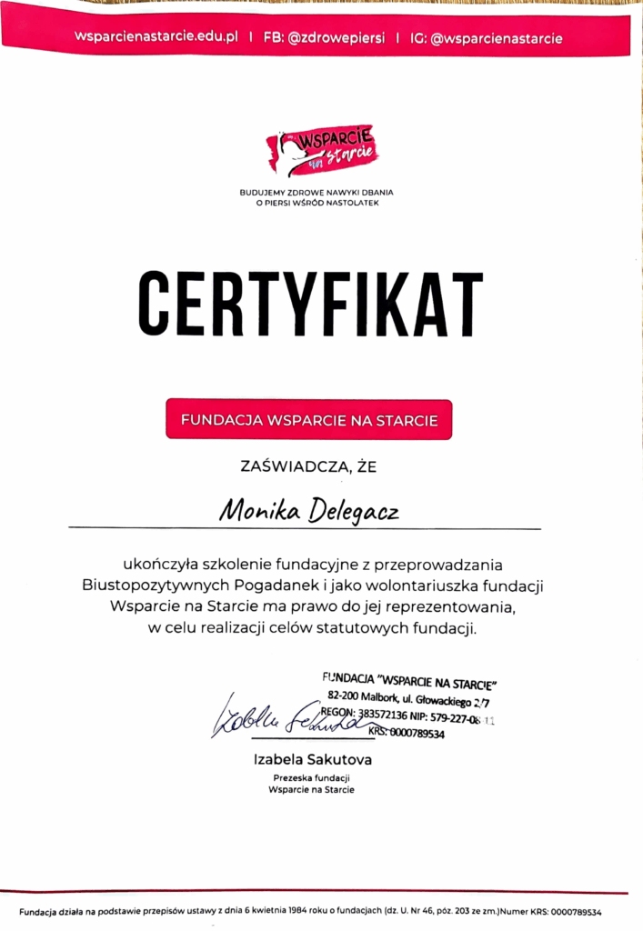 Certyfikat Fundacji Wsparcie na Starcie uprawniający do prowadzenia pogadanek biustopozytywnych