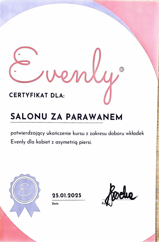 Certyfikat ukończenia kursu doboru wkładek dla kobiet z asymetrią piersi