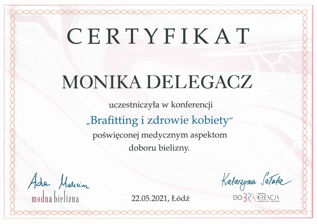 Certyfikat uczestnictwa w konferencji Brafitting i zdrowie kobiety