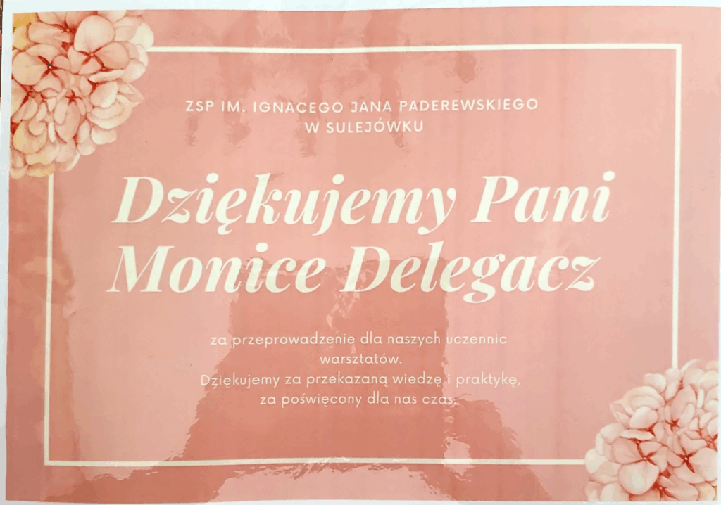 Podziękowanie od szkoły w Sulejówku za warsztaty przeprowadzone dla uczennic
