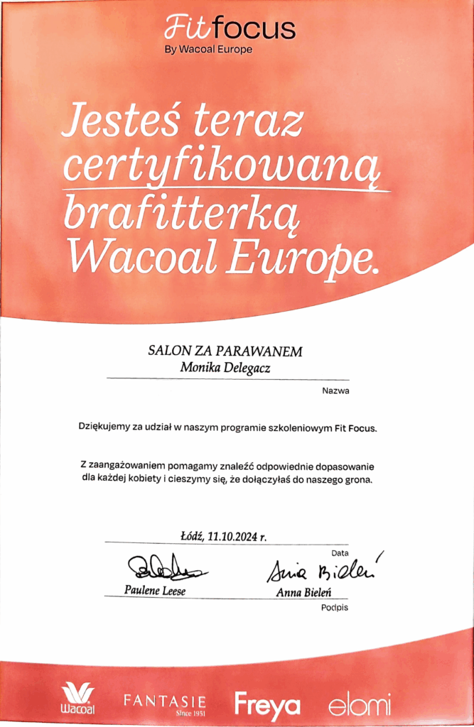 Certyfikat brafitterki wydany przez producenta bielizny po programie szkoleniowym