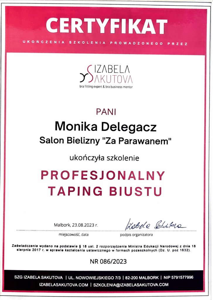Certyfikat ukończenia szkolenia Profesjonalny taping biustu