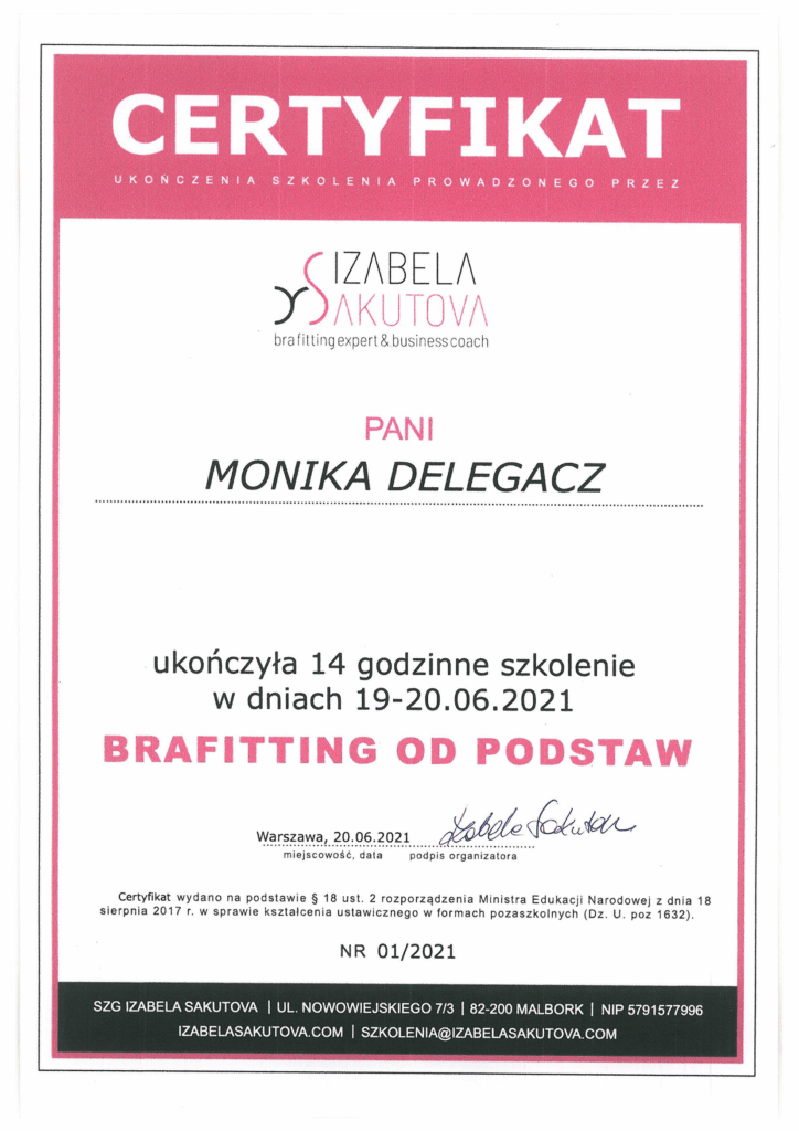 Certyfikat ukończenia 14-godzinnego szkolenia Brafitting od podstaw