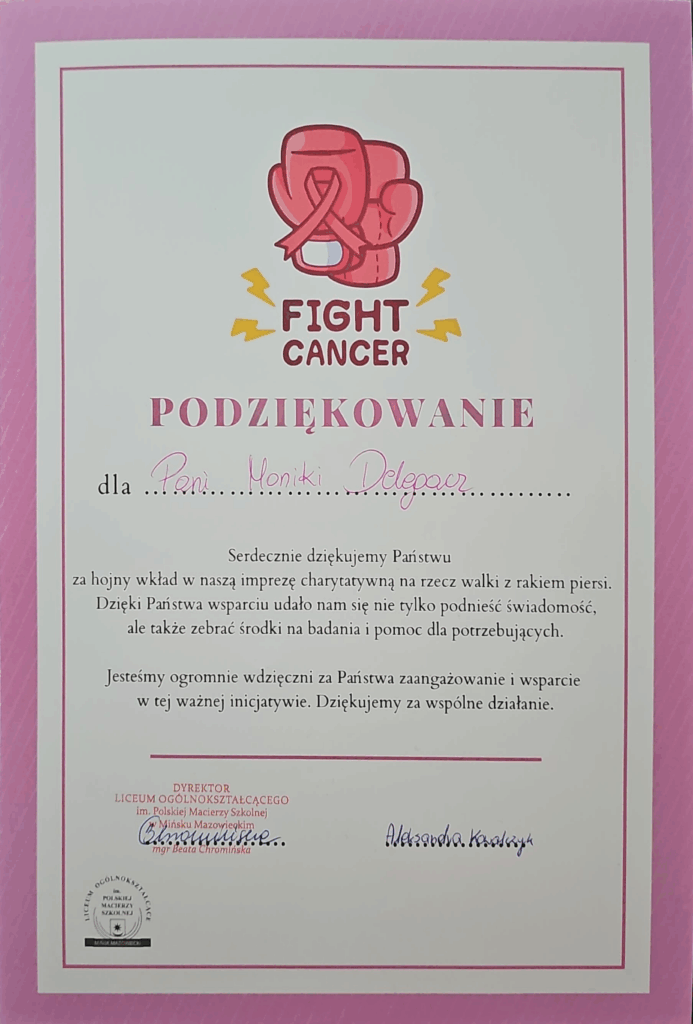 Podziękowanie od liceum ogólnokształcącego za wkład w imprezę charytatywną na rzecz walki z rakiem piersi