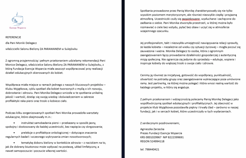 Referencje dla właścicielki salonu od Fundacji Esencja Wsparcia za warsztaty edukacyjne dla kobiet