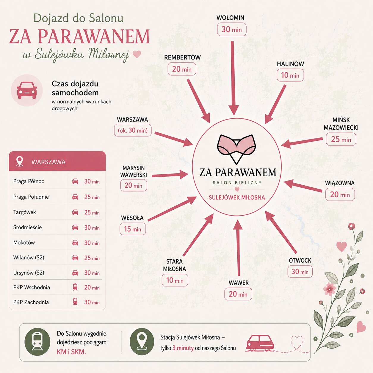 Mapa czasów dojazdu do salonu w Sulejówku Miłosnej z okolicznych miejscowości i dzielnic Warszawy