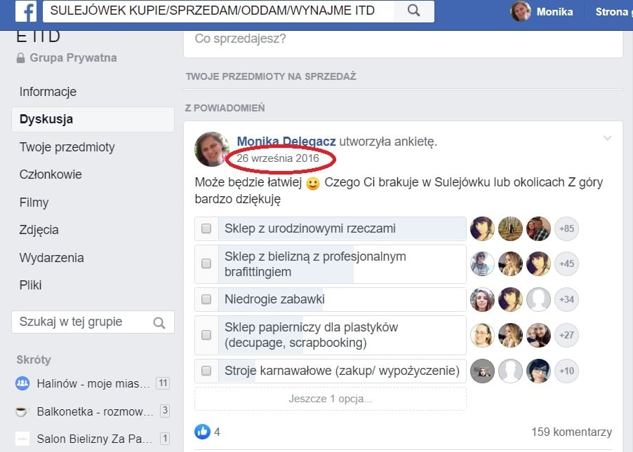 Ankieta w lokalnej grupie na Facebooku z 2016 roku, w której mieszkańcy wskazali brak sklepu z bielizną i brafittingiem